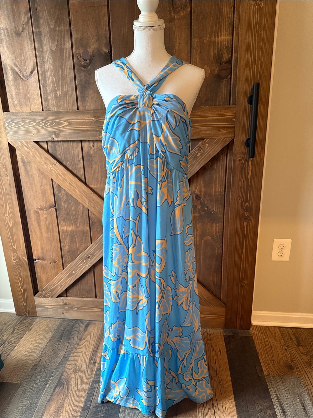 Grace Karin Blue Maxi Dress with Beige Floral Print
